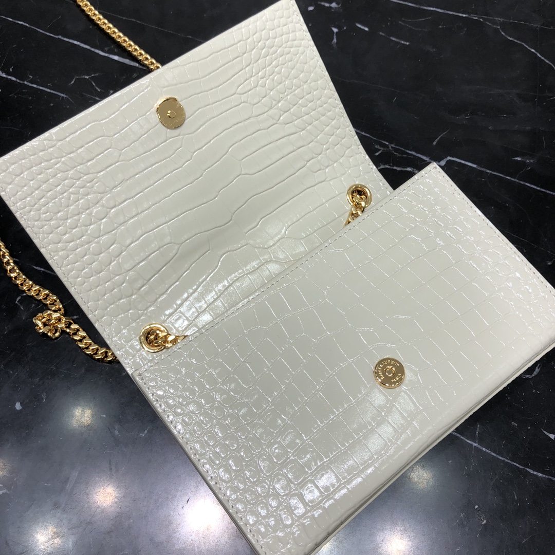 Saint Laurent Kate Tassel Small Crocodile Embossed Calfskin Shoulder Bag Handbag White 474366 Gold